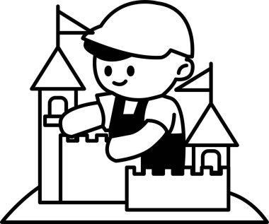 Çizim tarzında kum kaleler inşa eden çocukların tasviri.