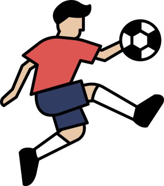 Kırmızı tişörtlü ve mavi şortlu bir adam futbol topunu tekmeliyor. Atletizm ve heyecan kavramı, adamın hareket halinde olduğu gibi, bir oyun oynamak için havaya sıçrıyor.