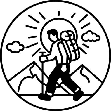 Bir adam arka planda bir güneş ve sırt çantasıyla yürüyor.