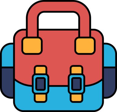 Sarı kayışlı kırmızı ve mavi bir sırt çantası. Sırt çantası çizgi filme benzemesi için tasarlandı. Sırt çantası renkli ve eğlenceli bir tasarımı var.