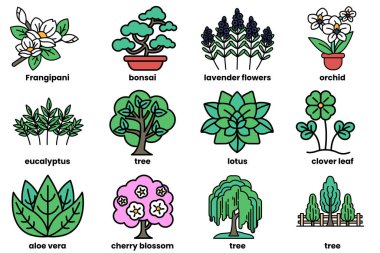 Çizim biçimi sırasında çeşitli ağaçlar ve çiçekler kavramındaki çizimler