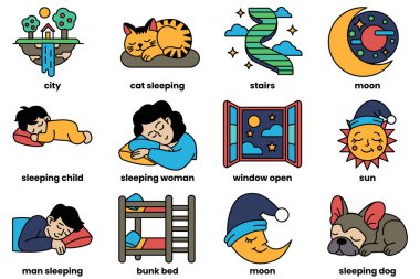 Çizgi çizim tarzında Düşler konseptinde bir dizi çizim