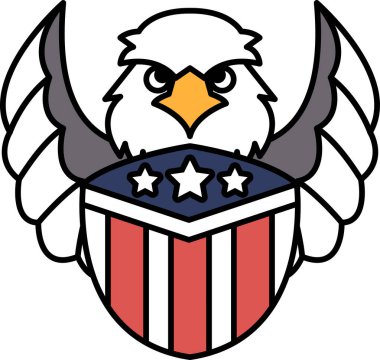 Pençelerinde kırmızı, beyaz ve mavi Amerikan bayrağı olan bir kartal. Kartal aşağıya bakıyor ve kızgın.