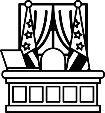 Arkasında dizüstü bilgisayar ve bayrak olan bir masa çizimi.