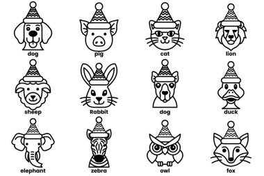 Çeşitli hayvanların çizim tarzında Noel şapkaları giymesi konsepti.