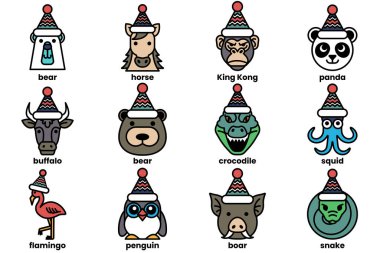 Çeşitli hayvanların çizim tarzında Noel şapkaları giymesi konsepti.