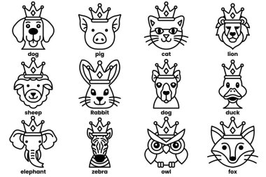 Çeşitli hayvanların sanat tarzında taçlar giymesi kavramının bir çizimi..