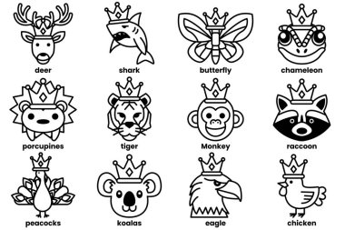 Çeşitli hayvanların sanat tarzında taçlar giymesi kavramının bir çizimi..
