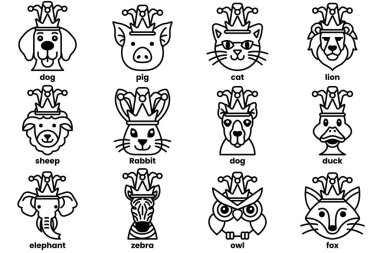 Palyaço şapkası takan çeşitli hayvan konseptindeki çizimler.