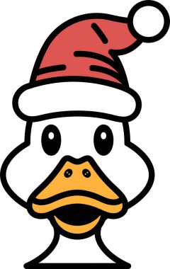 Kırmızı şapkalı ve kırmızı Noel Baba şapkalı bir ördek. Ördek gülümsüyor ve kameraya bakıyor