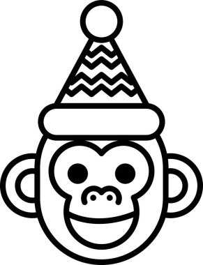 Noel Baba şapkası takan çizgi film maymunu. Maymun gülümsüyor ve mutlu. Görüntü, bayram sezonuyla ilişkilendirilen neşe ve neşe hissini uyandırmak üzere tasarlanmıştır.