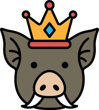 Kafasında taç olan bir çizgi film domuzu. Domuz bir taç takıyor ve yüzünde kocaman bir gülümseme var.