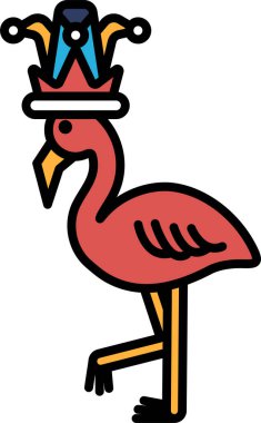 Taç takan bir flamingo çizimi. Flamingo tek ayak üstünde duruyor ve neşeli bir ruh hali içinde.