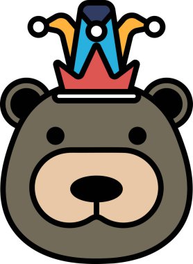 Kafasında taç olan bir çizgi film ayısı. Ayı kırmızı, mavi ve sarı bir şapka giyiyor.