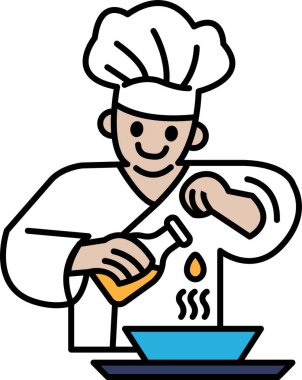 Bir şef kaseye yağ döküyor. Şef gülümsüyor ve sürecin tadını çıkarıyor.