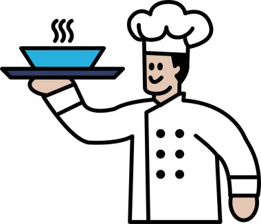 Bir şef üzerinde mavi kase olan bir tepsi tutuyor. Gülümsüyor ve mutlu.