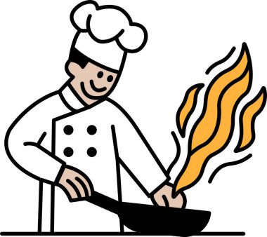 Bir şef alevli bir tavada yemek pişiriyor. Heyecan ve yemek pişirme tutkusu.