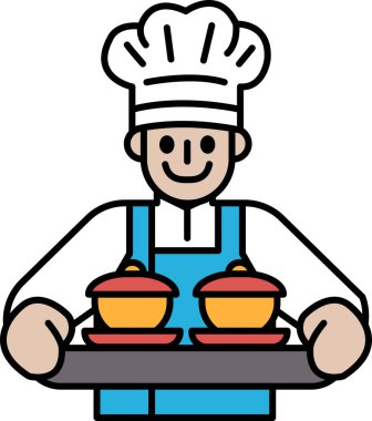 Bir şef elinde iki kâse olan bir tepsi tutuyor. Gülümsüyor ve beyaz bir şapka takıyor.