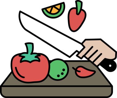 Kesme tahtasında sebze doğrayan birinin karikatür çizimi. Sebzeler arasında domates, biber ve bir portakal var. Sahne neşeli ve şen şakrak