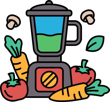 İçinde sebzeler olan bir blender. Sebzeler arasında havuç, domates ve mantar yer alıyor.