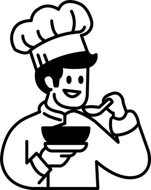 Bir şef kaşıkla çorba içiyor. Gülümsüyor ve yemeğinin tadını çıkarıyor.