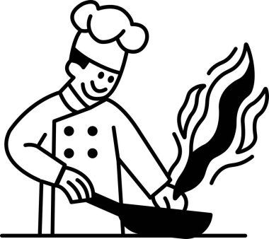 Bir şef alevli bir tavada yemek pişiriyor. Heyecan ve yemek pişirme tutkusu.