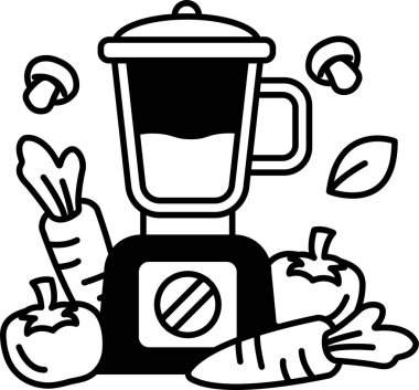 İçinde sebzeler olan bir blender. Sebzeler arasında havuç, domates ve mantar yer alıyor.