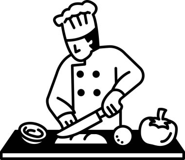 Bir şef kesme tahtasındaki sebzeleri kesiyor. Şef beyaz bir şapka ve önlük giyiyor. Sebzeler arasında domates, biber ve havuç yer alıyor. Şef sebzeleri kesmek için bıçak kullanıyor.