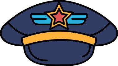 Üzerinde yıldız ve uçak olan mavi bir şapka. Şapkayı bir pilot takıyor.