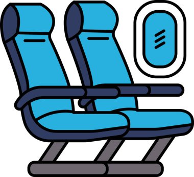 Ortasında pencere olan iki mavi uçak koltuğu karikatürü. Sahne neşeli ve şen şakrak