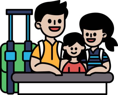 Üç kişilik bir aile bavullarıyla tezgahta oturuyor. Adam sarı bir gömlek giyiyor ve kadın kırmızı bir gömlek giyiyor. Çocuklar gülümsüyor ve gezileri için heyecanlı görünüyorlar.