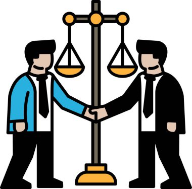 İki adam terazinin önünde el sıkışıyor. Ölçek adaletin sembolüdür. Adalet ve eşitlik kavramı