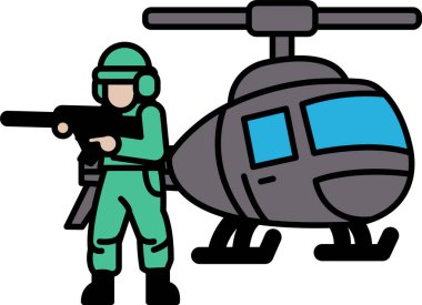 Yeşil üniformalı bir adam silah tutuyor ve bir helikopterin yanında duruyor. Olay yeri gergin ve ciddi, çünkü adam bir asker ve helikopter muhtemelen askeri amaçlar için kullanılıyor.