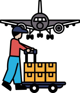 Bir adam üzerinde kutular olan bir arabayı itiyor. Araba bir uçağın yanında. Adam mavi bir şapka giyiyor.