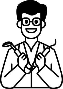 Bir karikatür dişçisi bir çift diş aletini elinde tutuyor.