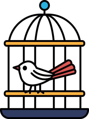 Bir kuş mavi ve sarı kapaklı bir kafeste oturuyor. Kuş beyazdır ve kırmızı bir gagası vardır. Kafes ahşaptan yapılmış ve metal bir kapağı var. Kuş kafesten dışarı bakıyor gibi görünüyor.