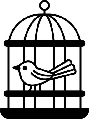 Bir kuş mavi ve sarı kapaklı bir kafeste oturuyor. Kuş beyazdır ve kırmızı bir gagası vardır. Kafes ahşaptan yapılmış ve metal bir kapağı var. Kuş kafesten dışarı bakıyor gibi görünüyor.