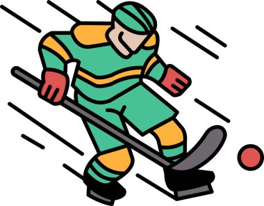 Hokey oyuncusu hokey sopası ve topla kayıyor. Oyuncu yeşil ve sarı bir üniforma giyiyor.