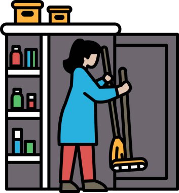 Bir kadın sarı süpürgeyle bir odayı temizliyor. Oda karanlık ve dağınık, etrafa saçılmış bir sürü şişe ve kutu var. Kadın işine odaklanmış.