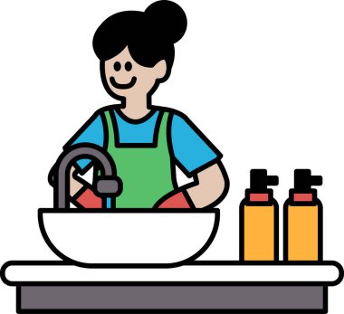 Bir kadın lavaboda bulaşıkları yıkıyor. Önlük takıyor ve gülümsüyor. Lavabo kirli bulaşıklarla dolu, bir fincan, bir kase ve bir kaşık dahil. Tezgahta da iki şişe var.