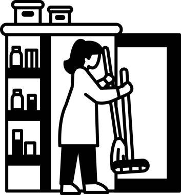 Bir kadın süpürgeyle odayı temizliyor.