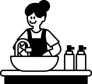 Bir kadın lavaboda bulaşık yıkıyor.