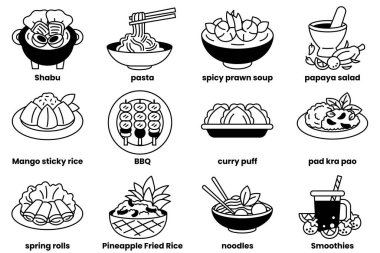 Çeşitli yemek kavramlarında çizgi biçiminde simgeler kümesi