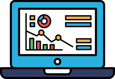 Bir dizüstü bilgisayar ekranında eğilim gösteren bir grafik var. Grafik renk kodlu ve birkaç kırmızı nokta var. Laptop mavi ve beyaz bir arka planı var.