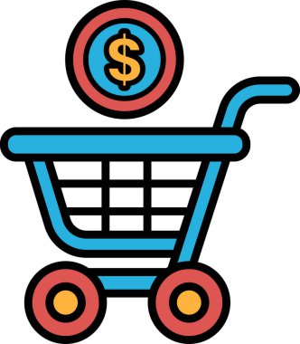Üzerinde dolar işareti olan mavi bir alışveriş arabası. Dolar işareti kırmızı bir daire ile çevrili.