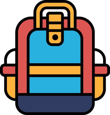 Kırmızı kayışlı renkli bir sırt çantası. Sırt çantası mavi ve sarı. Bu bir sırt çantası çizimi.
