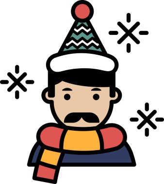 Bıyıklı ve şapkalı bir adam. Şapka kırmızı ve yeşil ve eşarp turuncu. Adam gülümsüyor ve soğuk havanın tadını çıkarıyor.