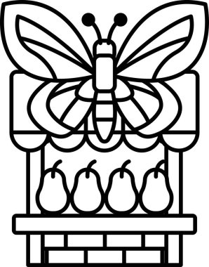 Bir kelebek elinde dört armutla bir meyve tezgahının üstünde.