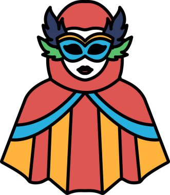 Yüzünde maske olan kırmızı pelerinli bir kadın. Maske mavi ve yeşil