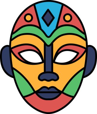 Mor gözlü ve kırmızı burunlu renkli bir maske. Maske farklı renklerden yapılmış ve kabilesel bir görünüme sahip.